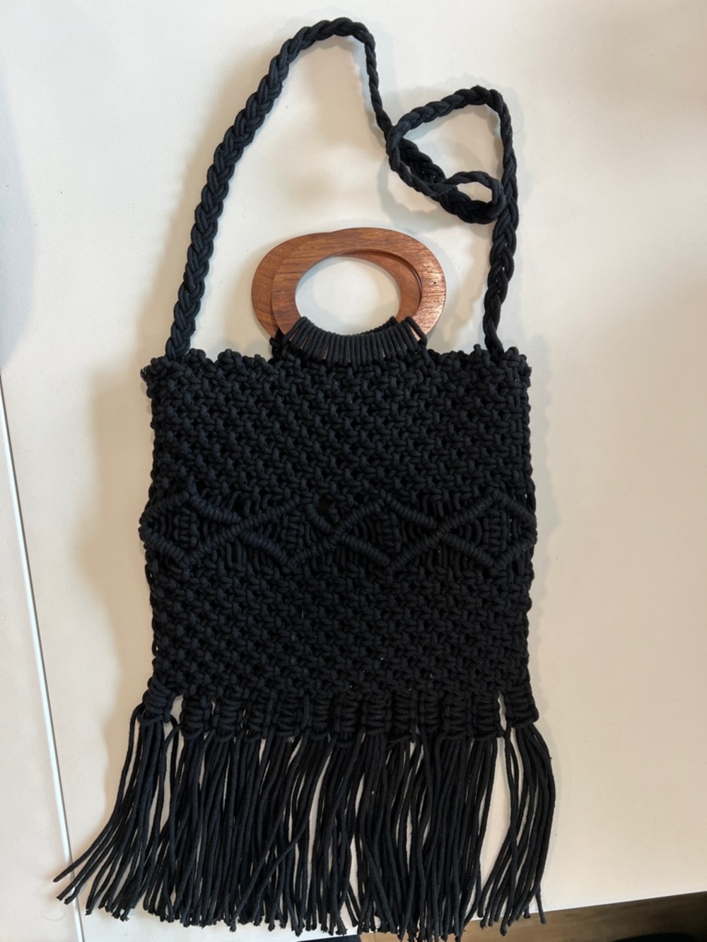 Danielle Nicole - Handwoven Black Macram Fringe Tote With Wooden Handles